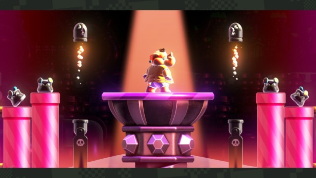 A Super Mario Bros. Wonder screenshot of Elephant Daisy posing before a musical performance.