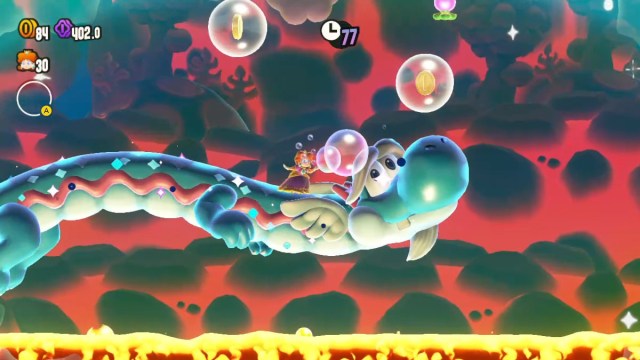 A Super Mario Bros. Wonder screenshot of Bubble Daisy riding the back of a bubble-blowing dragon.