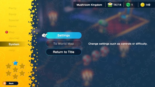 A Super Mario RPG screenshot of the main pause menu. The cursor is highlighted over "Settings" under "System."