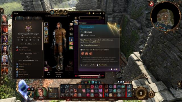 bg3 screenshot of the titanstring bow in a ranger's inventory