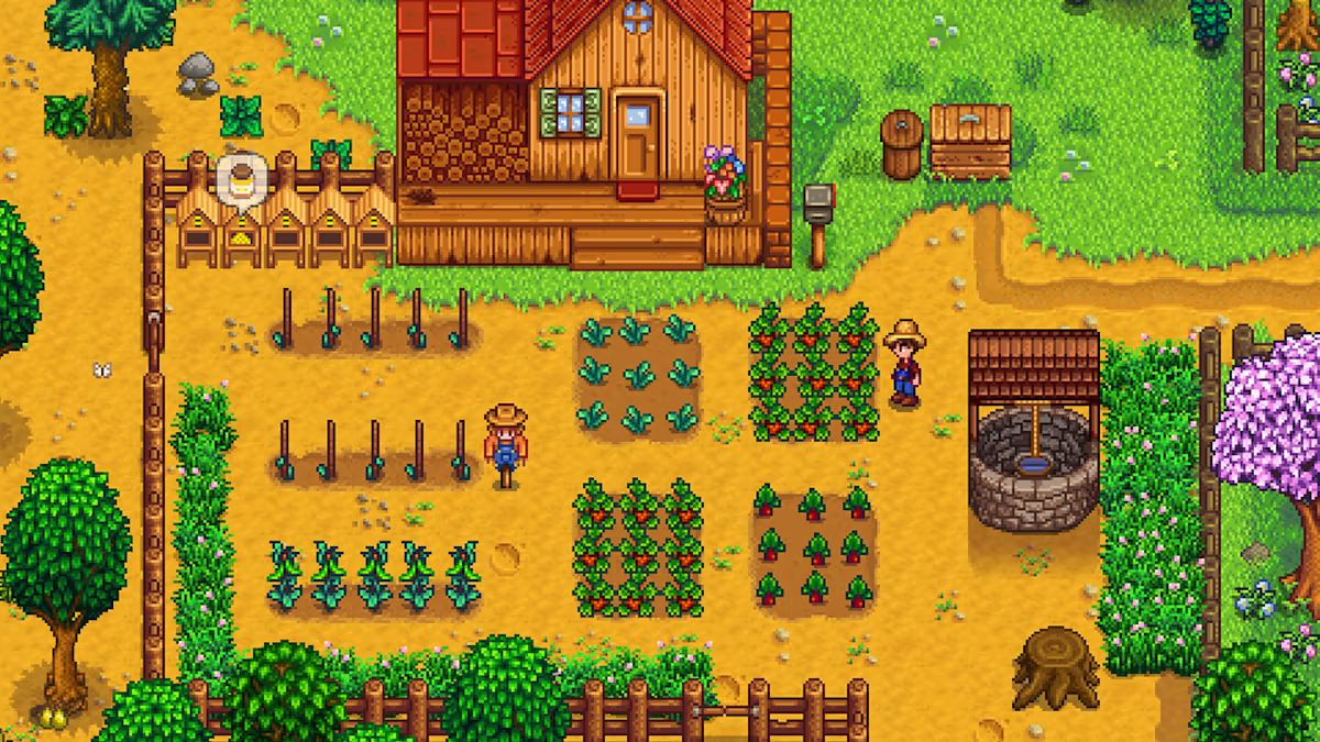 A farm in Stardew Valley