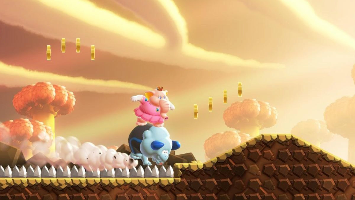 Peach riding a bulrush in Bulrush Express Super Mario Bros Wonder