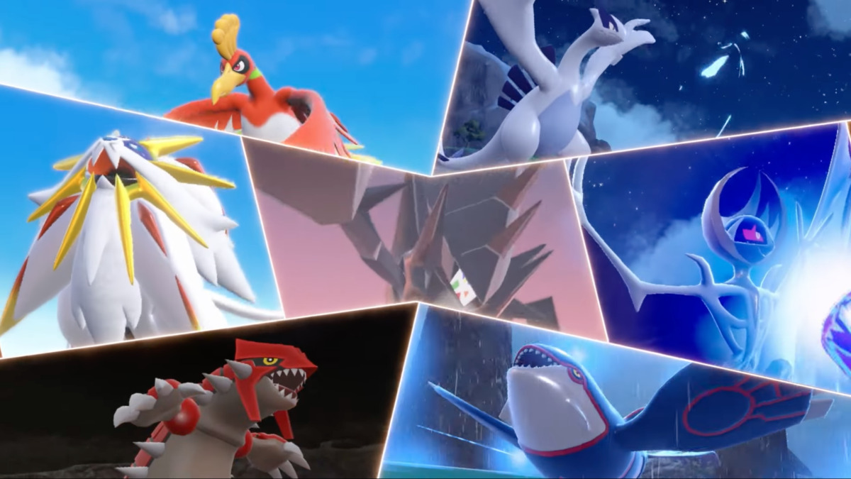 A Pokemon Scarlet and Violet image of Ho-oh, Lugia, Solgaleo, Necrozma, Lunala, Groudon, and Kyogre.