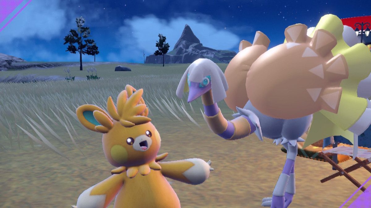 A Pokemon Scarlet and Violet screenshot of Pawmot and Espanthra in a picnic.