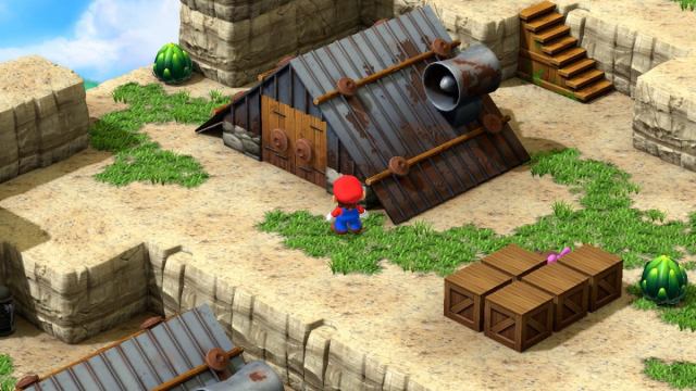 A Super Mario RPG screenshot of Mario standing outside the house where fireworks are sold.