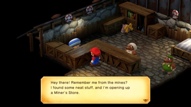 A Super Mario RPG screenshot of Mario speaking to the Miner Toad.