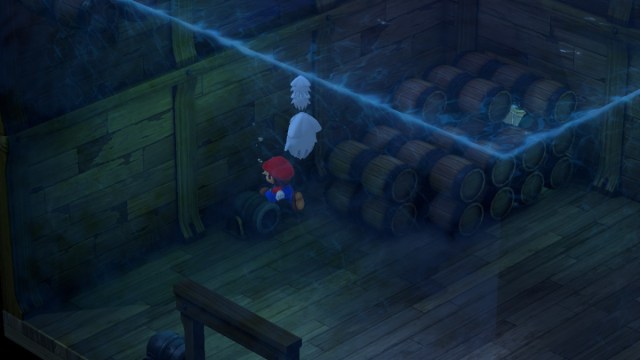 A Super Mario RPG screenshot of Mario in an underwater area in the Sunken Ship that leads to the Safety Ring, next to the wall.