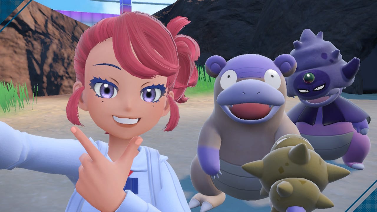 Player character taking a selfie with galarian slowbro and galarian slowking in Pokemon Scarlet and Violet's Indigo Disk DLC.