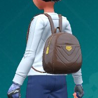 Pokemon Scarlet and Violet screenshot of a brown enamel backpack.