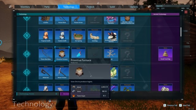 Palworld screenshot of the Primitive Furance in the Technology tree menu
