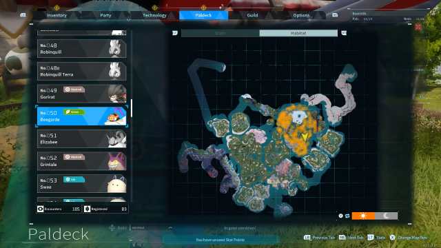 Palworld screenshot of beegarde's habitat location on the world map