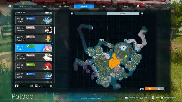 Palworld screenshot of Flopie's habitat location on the world map