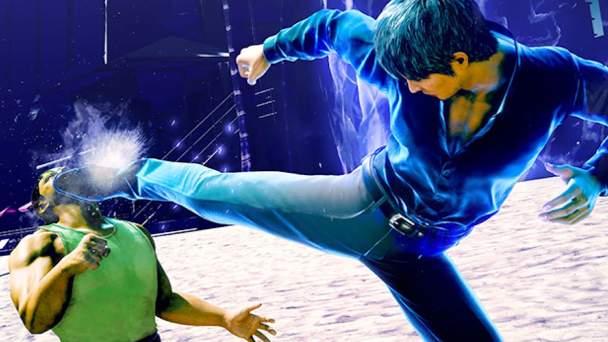 A Like a Dragon: Infinite Wealth screenshot of Kiryu kicking an enemy while Dragon Resurgence is active.