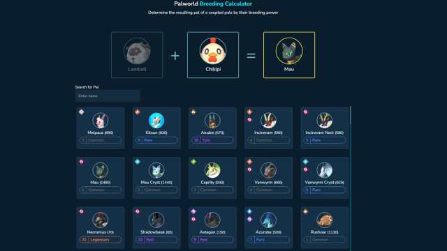 Palworld breeding calculator example
