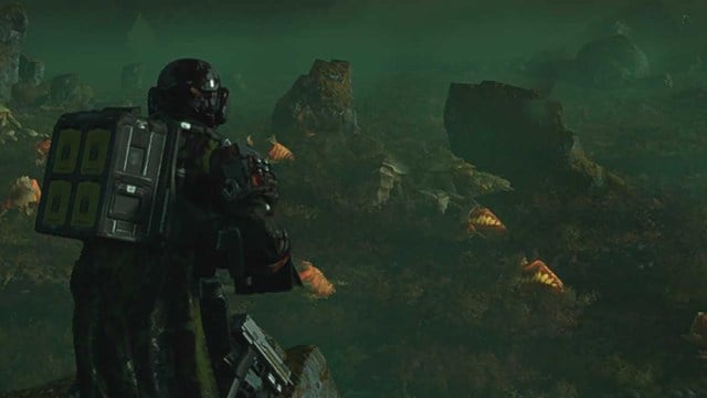 Helldivers 2 screenshot of a character looking out over rocky terrain crawling with bugs