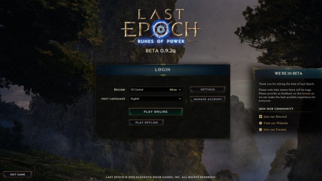 Last Epoch Login Menu