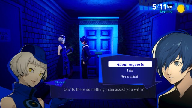 Player character speaking to Elizabeth outside of the Velvet Room in Persona 3 Reload