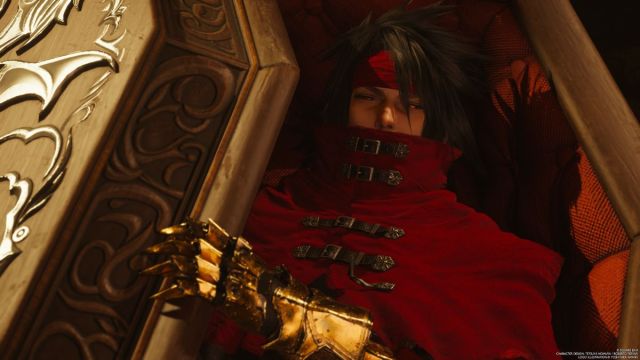 Screenshot of Vincent Valentine in his coffin in Final Fantasy 7 Rebirth.