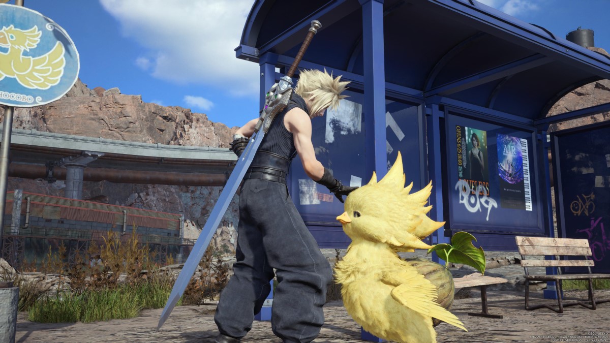 Final Fantasy VII Rebirth Cloud Pets a Baby Chocobo