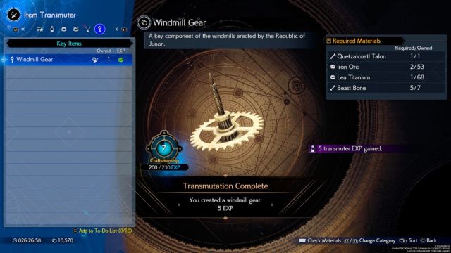 Screenshot of making the Windmill Gear with the Item Transmuter in Final Fantasy 7 Rebirth.
