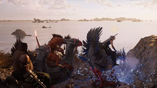 Screenshot of Cloud, Barret and Red XIII on chocobos in Final Fantasy 7 Rebirth.