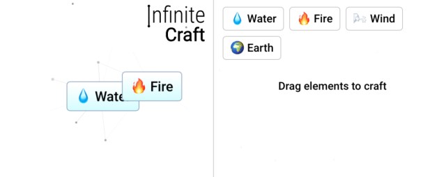 An Infinite Craft screenshot of Water and Fire being combined.