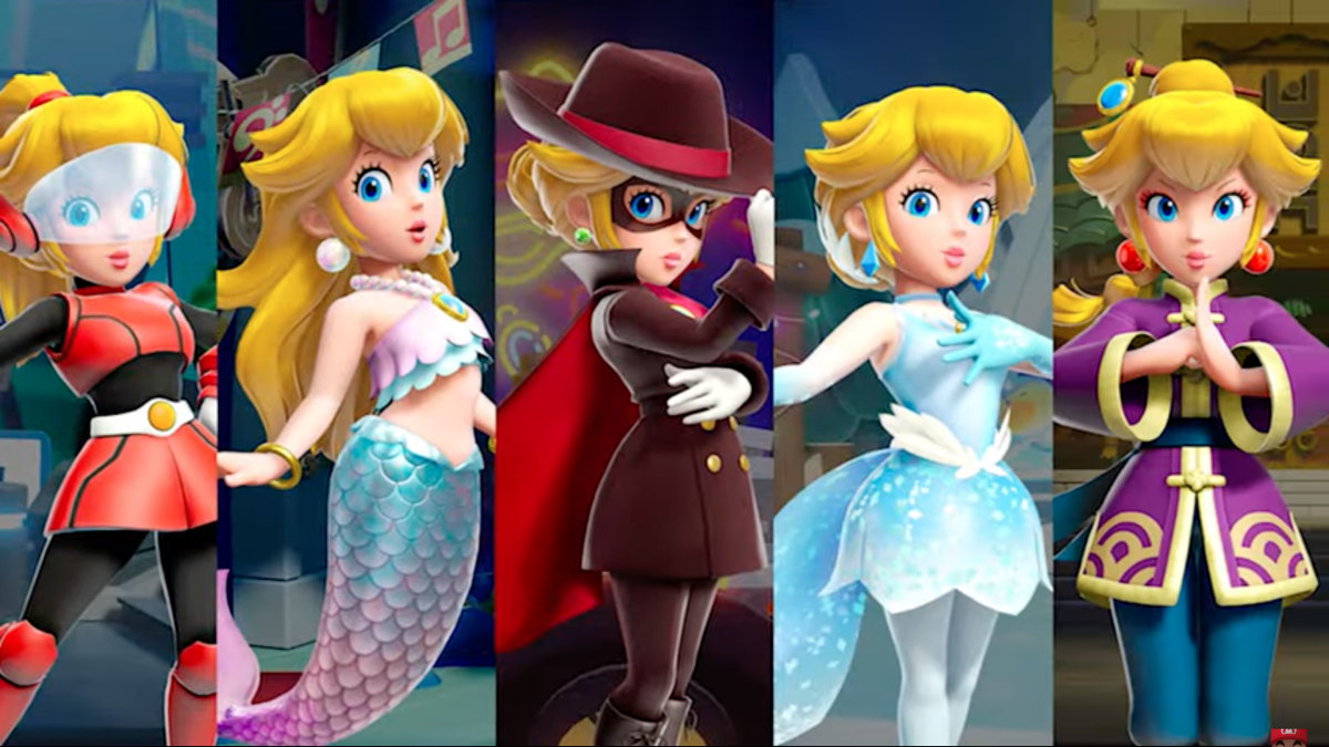 Image of Mighty Peach, Mermaid Peach, Dashing Thief Peach, Figure Skater Peach, and Kung Fu Peach from Princess Peach: Showtime!