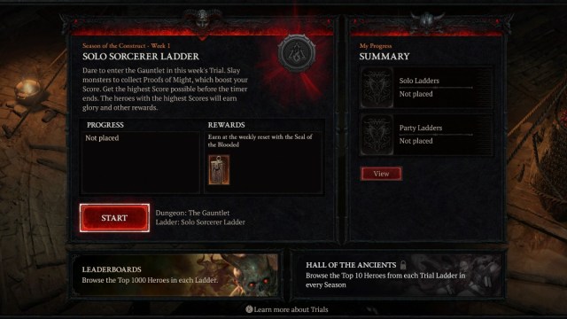 The Gauntlet Menu in Diablo 4