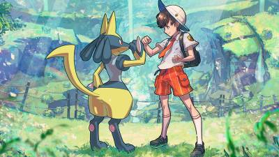 An illustration of the Pokemon Scarlet male protagonist and a shiny Lucario.