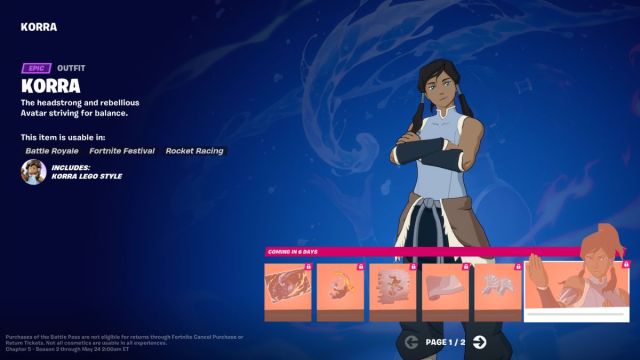 Screenshot of Korra skin in Fortnite Chapter 5 Season 2.