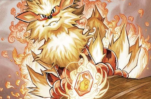 An official TCG illustration of Arcanine and a Fire Stone.