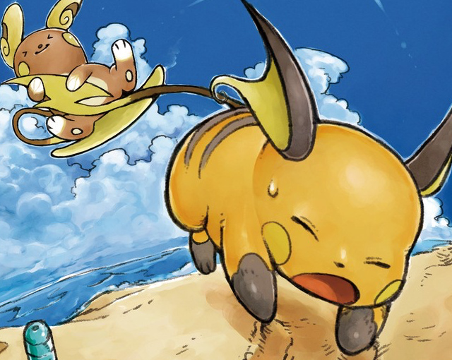 A Pokemon TCG illustration of Raichu and Alolan Raichu.