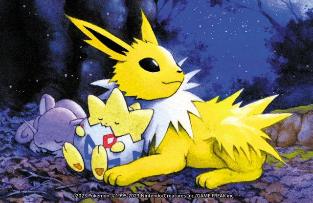 An illustration of Jolteon keeping watch over a sleeping Togepi and Rattata.