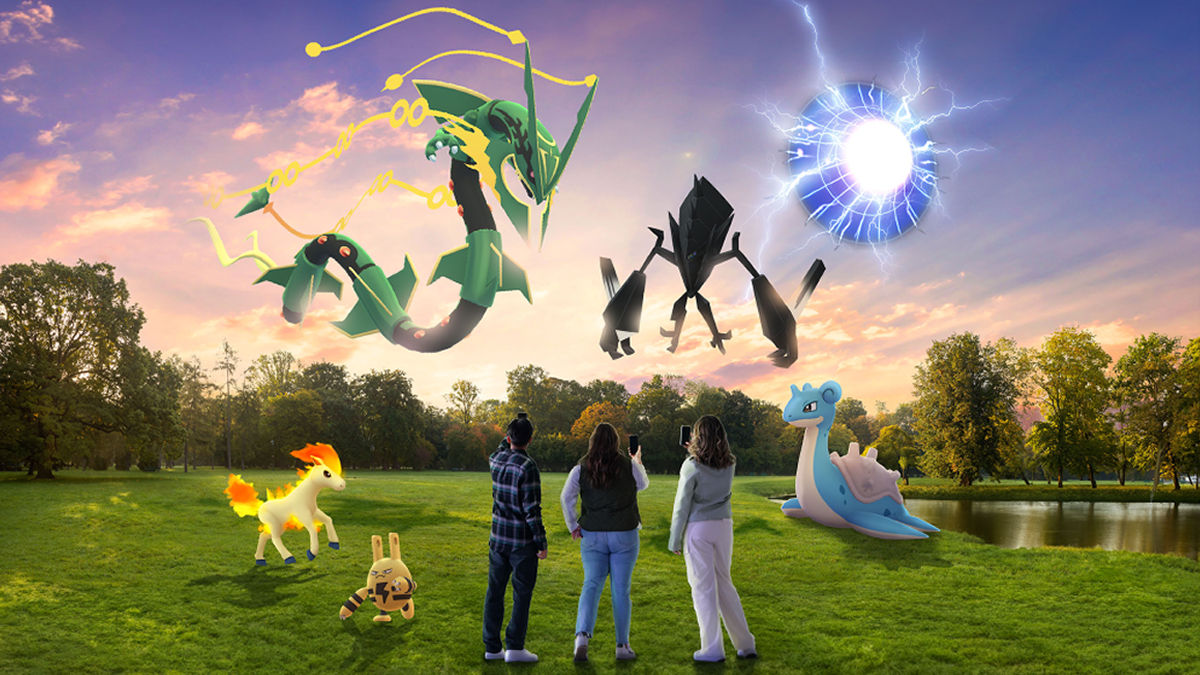 An image of Mega Rayquaza, Necrozma, and other Pokemon in Pokemon GO.