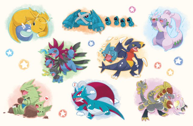 An illustration of pseudo-legendary Pokemon with their pre-evolutions.