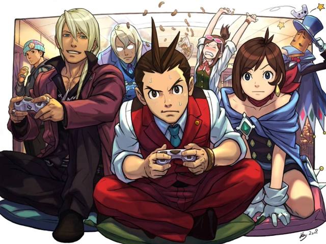 An illustration of Ace Attorney characters playing a video game.