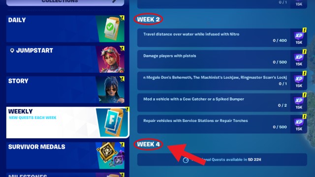 Screenshot of Fortnite Chapter 5 Season 3 Week 3 quests missing from the Quests tab.