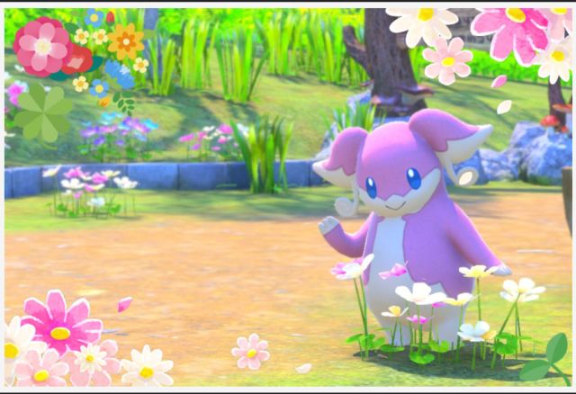 A New Pokemon Snap screenshot of Audino with flower stickers on the edges.