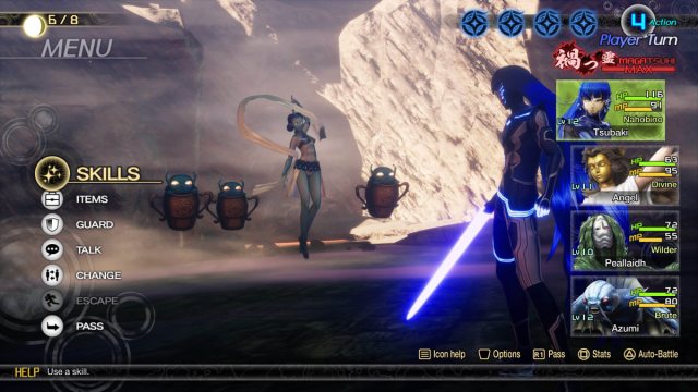 A Shin Megami Tensei V: Vengeance screenshot of the Nahobino and his demon party battling Apsaras and three Agathion.