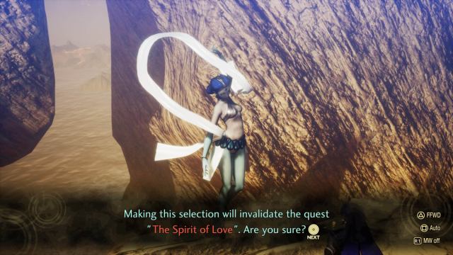 A Shin Megami Tensei V: Vengeance screenshot of the warning that the player is about to invalidate the Spirit of Love subquest.