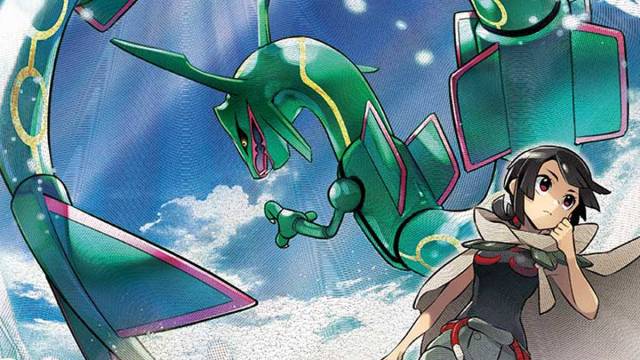 An illustration of Zinnia and Rayquaza.