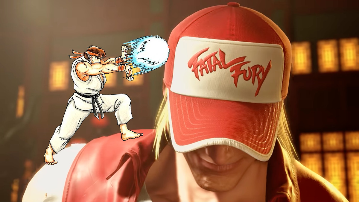 A screenshot of Terry Bogard with an illustration of Ryu on his shoulder.