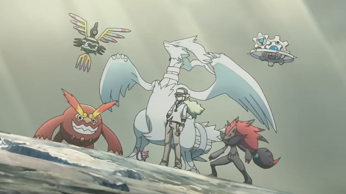 A screenshot of N, Reshiram, Zoroark, Purrloin, Darmanitan, Sigilyph, and Klinklang.