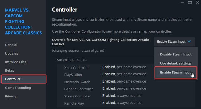 Enable Steam Input Marvel vs Capcom Fighting Collection