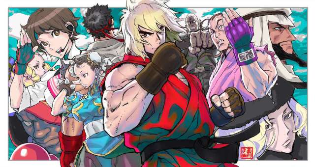 An illustration of numerous Street Fighter characters together.