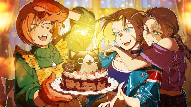 An illustration of Cammy celebrating her birthday in Street Fighter 6.