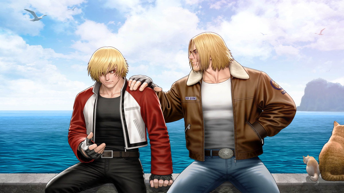 A World Tour Mode illustration of Terry Bogard with Rock Howard.