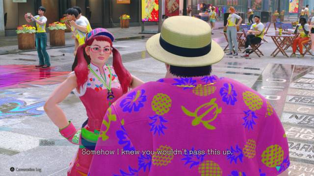 A Street Fighter 6 World Tour Mode screenshot of Alice giving the player the Knock Out Festival hat.