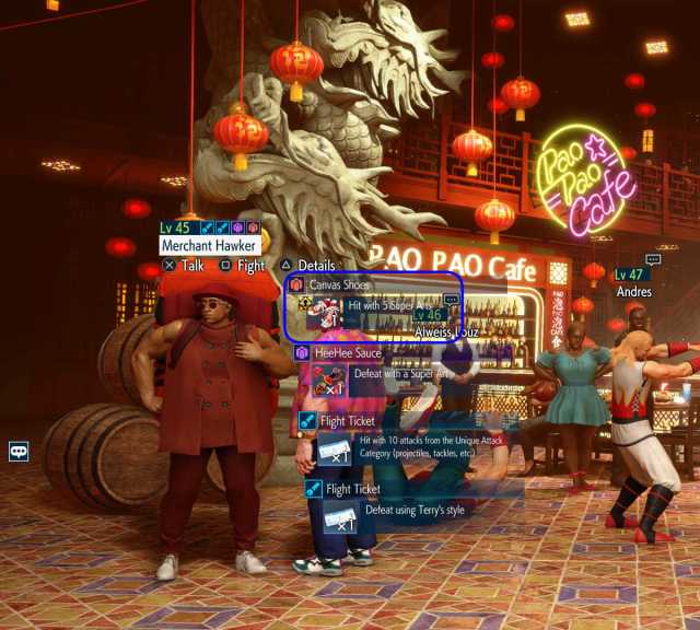 A Street Fighter 6 World Tour Mode screenshot of Merchant Hawker at Pao Pao Cafe 6, who can potentially drop the Canvas Shoes item.