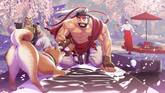 An illustration of Ryu celebrating his birthday in Street Fighter 6.